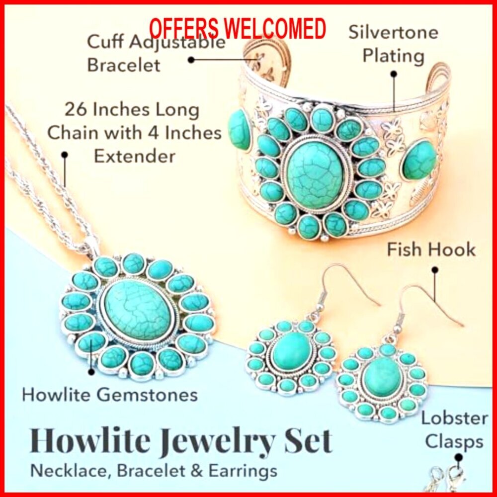 Howlite Gemstone Jewelry Set with Lobster Clasp and Adjustable Bracelet - Picture 5 of 7